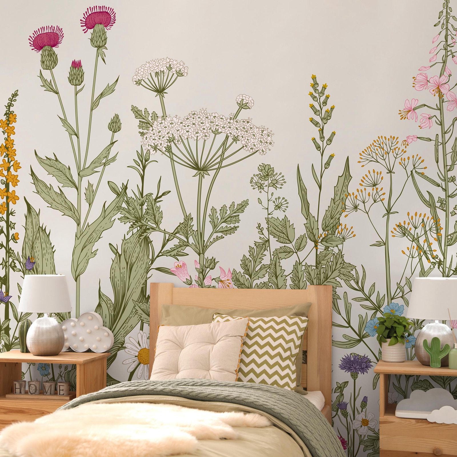 Herbal Wallpaper - Botaniczna tapeta kwiatowa, zielone liście fototapeta