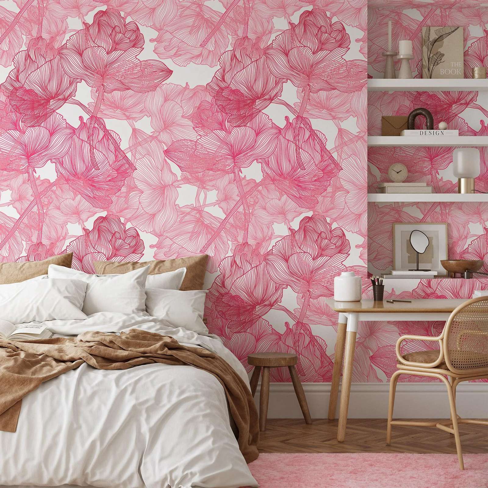Herbal Wallpaper - Duże różowe róże, grafika liniowa, tapeta